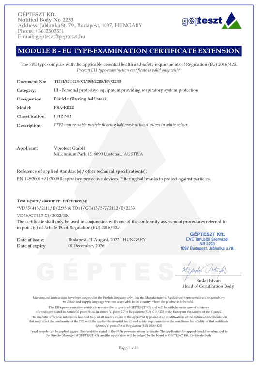 Zertifikat der FFP2 PSA R022 Masken von Vprotect in Vorarlberg