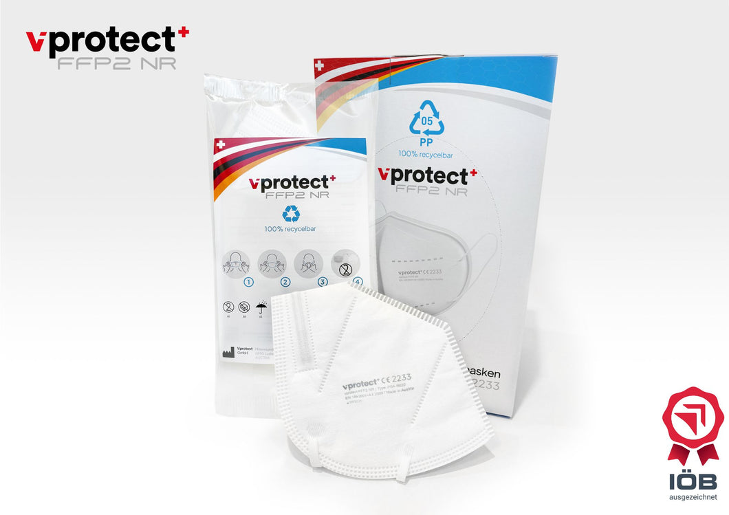 Vprotect recycelbare und klimaneutral hergestellte Filtrierende Halbmaske FFP2 NR. Packung à 25 Stück. Preis/Box: € 12,25 (0,49 €/Stück)