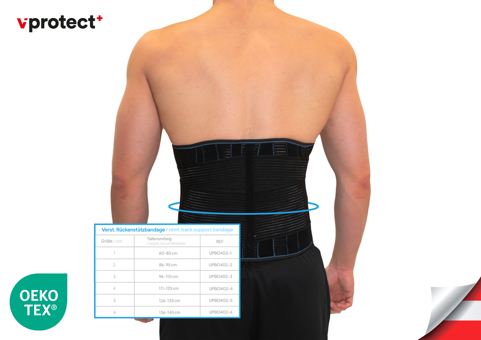 Die latexfreie Rückenstützbandage von Vprotect wird zur Unterstützung und Stabilisierung empfohlen und kann die Behandlung von Schmerzen im unteren Rücken, Arthrose im Lendenbereich sowie Muskelschmerzen im unteren Rücken unterstützen. 