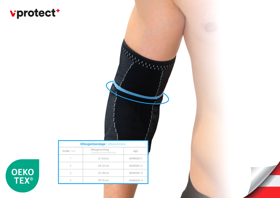 Die latexfreie Vprotect Ellbogenbandage ist in vier unterschiedlichen Größen erhältlich, hilft unter anderem zur Unterstützung bei der Heilung von Tennisarm.