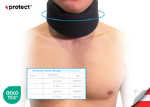 Load image into Gallery viewer, Die latexfreie Vprotect weiche Hals-Nacken-Bandage ist in vier unterschiedlichen Größen erhältlich. Entnehmen Sie die Infos auf unserer Website.
