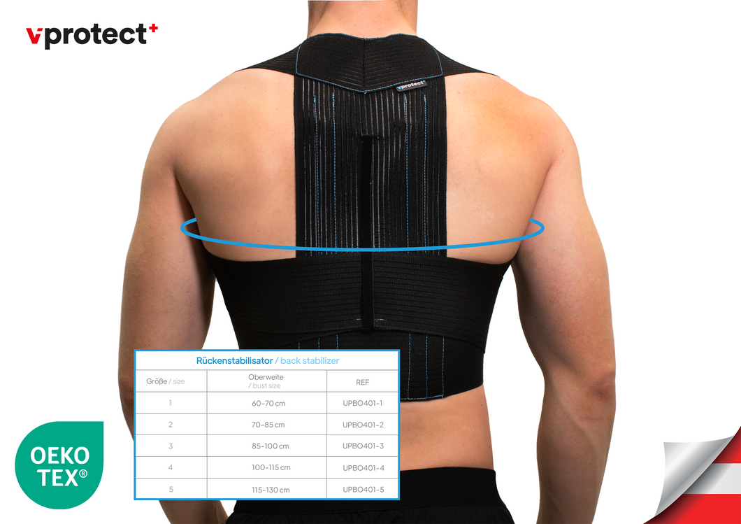 Der latexfreie Vprotect Rückenstabilisator für Damen und Herren ist in fünf unterschiedlichen Größen erhältlich und universell einstellbar.